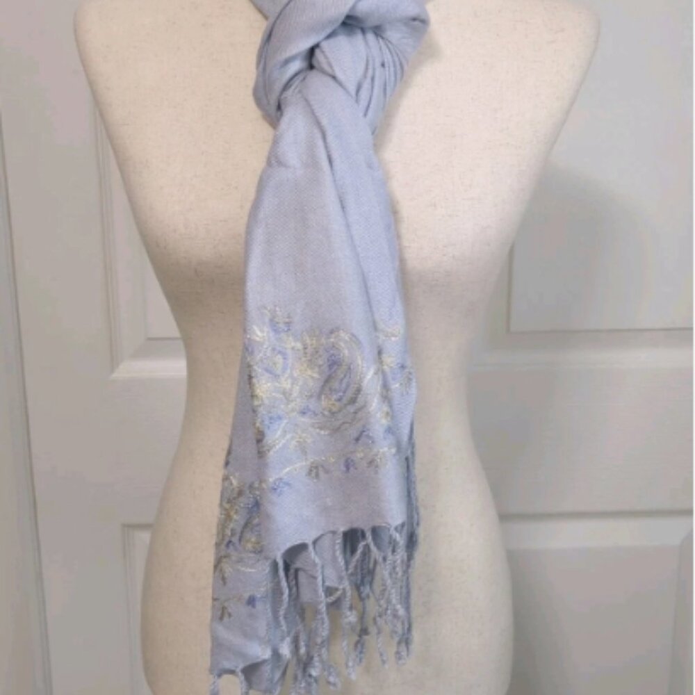 Pashmina Scarf Wrap Shawl Women's Lt. Blue Fringe Multi Style Wear 80 x 19, NWT